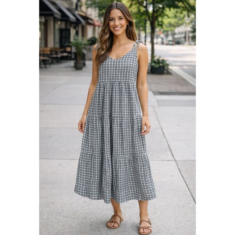 Abercrombie & Fitch Gingham Tiered Midi Dress Grey Small - Picture 7 of 7